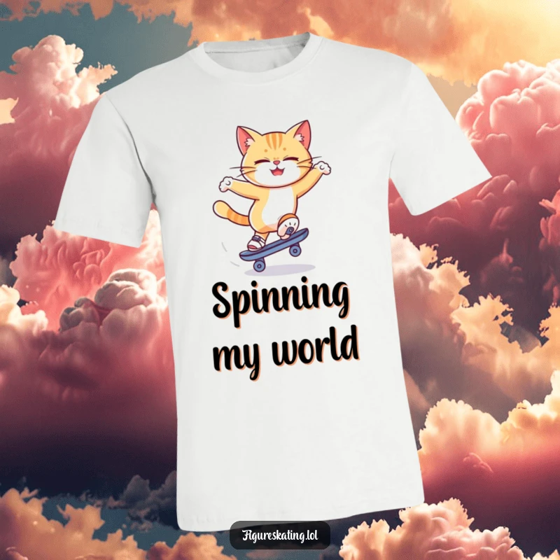 Funny cat ice skating t-shirt depicting a concentrated cat in a dizzying spin on a single skate, embodying focused fun.