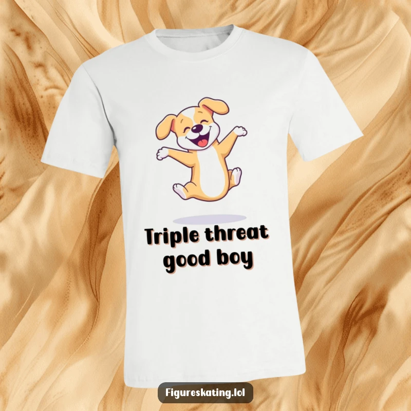 Funny dog ice skating t-shirt depicting a joyful dog executing a perfect triple axel with boundless enthusiasm and skill.