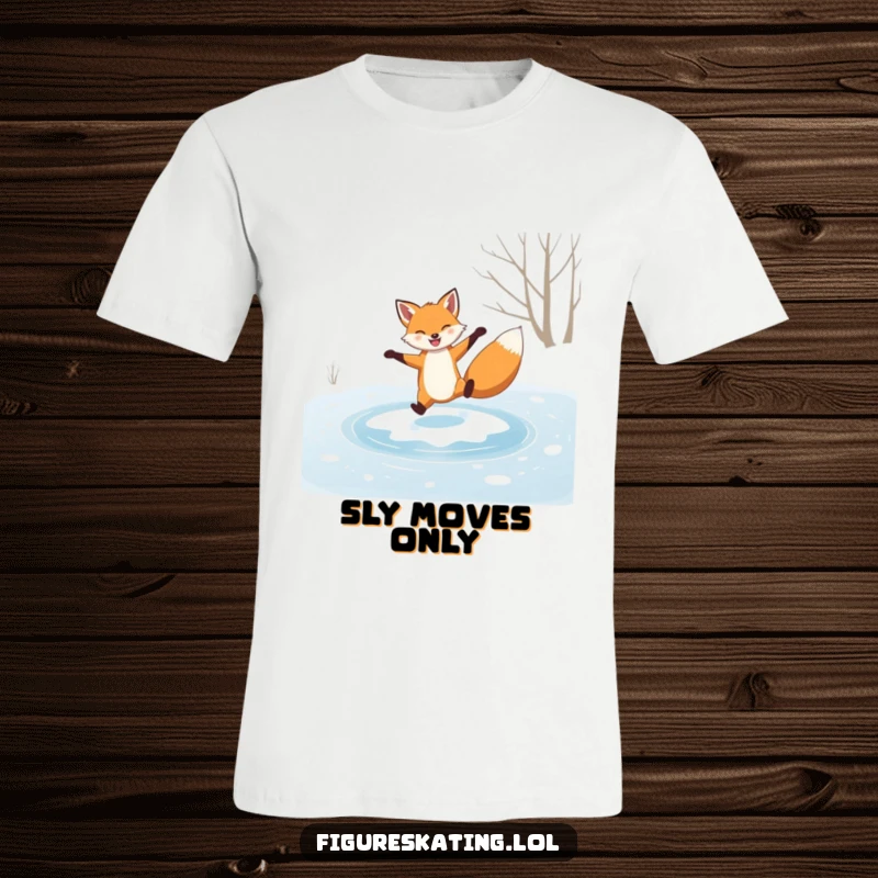 Funny t-shirt, grinning fox performing a graceful spin on a frozen pond, embodying winter elegance and sly humor.