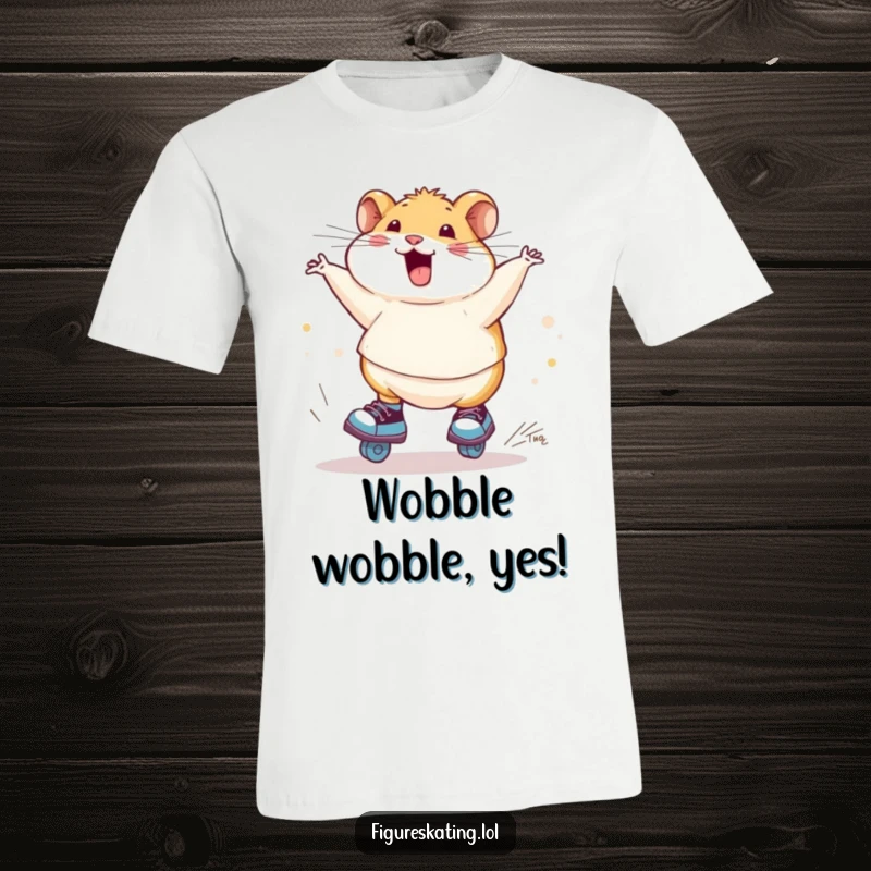 Funny chubby hamster ice skating t-shirt, depicted spinning joyfully on skates with a determined yet wobbly expression.