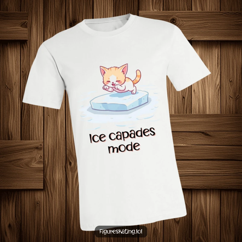Funny kitten ice skating t-shirt, featuring a cat leaping gracefully onto ice skates, striking a hilarious, action-packed pose.