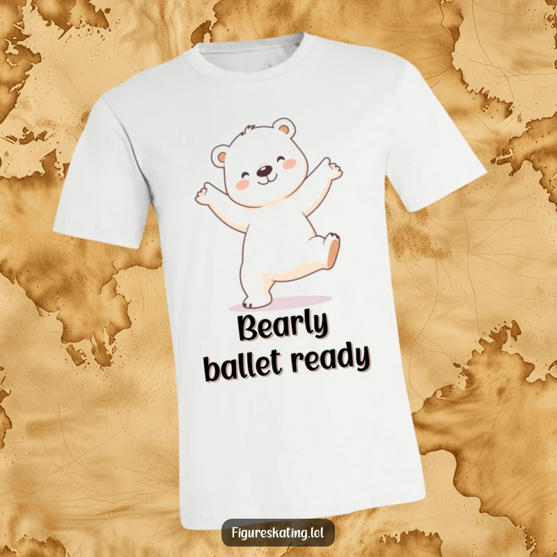 Funny Polar Bear T-Shirt: Adorable smiling polar bear performing a delicate arabesque pose, full of artistic charm.