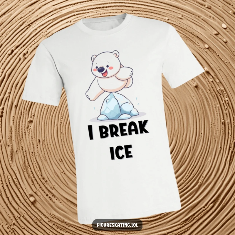 Funny polar bear t-shirt depicting a determined bear executing a funny leap over a delicate ice sculpture, emphasizing playful effort.