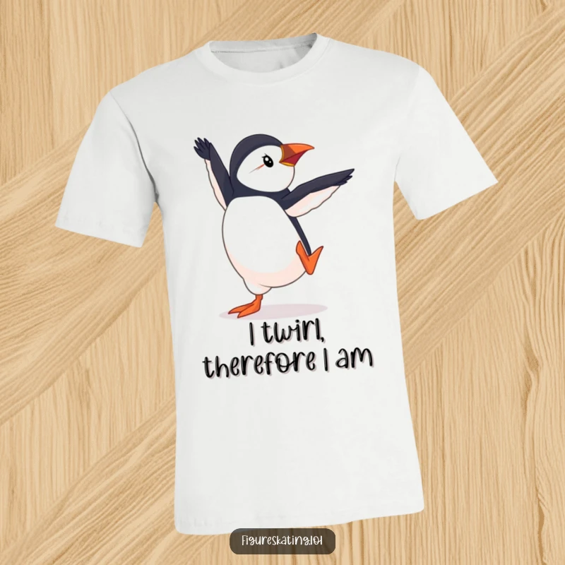 Funny Puffin Pirouette T-Shirt, a determined puffin executing a sharp pirouette with elegant grace, perfect for dance lovers and humor fans.