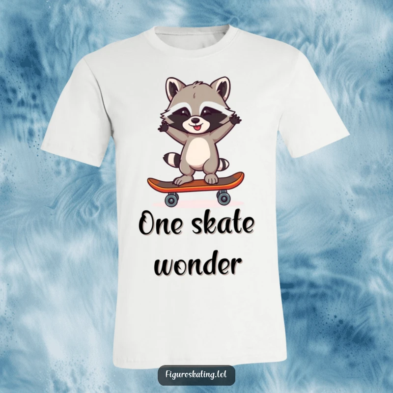 Funny Raccoon One Skate T-Shirt: A mischievous raccoon proudly balancing on one skate, arms akimbo, looking cheeky.