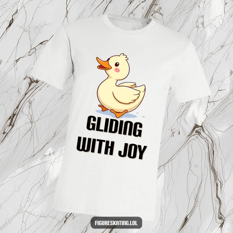 Funny t-shirt with a delighted duck gliding forward with an open, happy quack, full of cheerful energy.