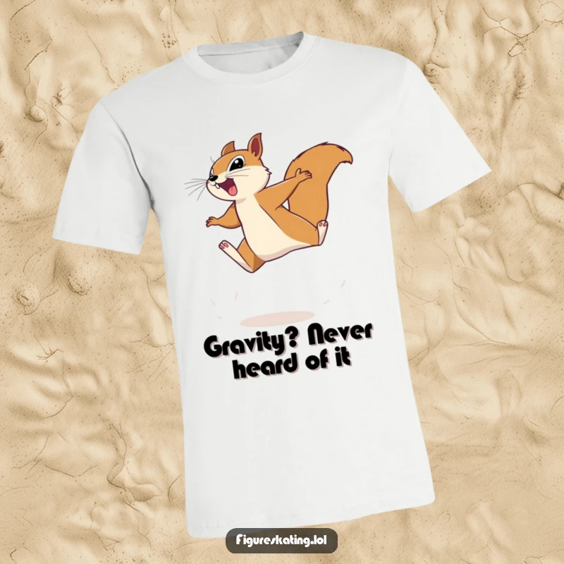 Funny squirrel t-shirt featuring a determined squirrel leaping high in the air with intense focus, a symbol of ambition and fun.