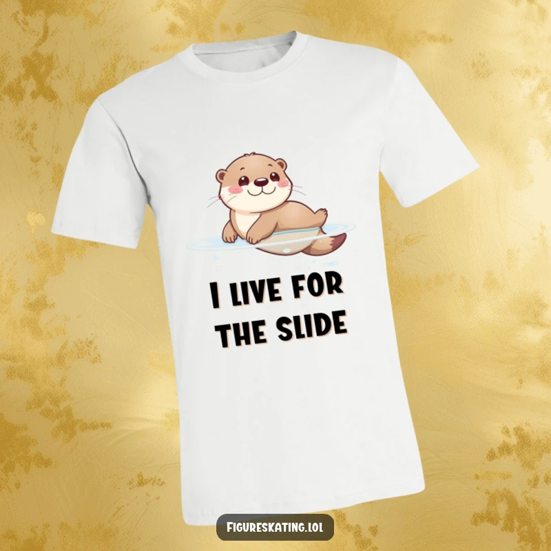 Funny t-shirt with a joyful otter smoothly sliding on a glossy surface, radiating pure, unadulterated fun and playfulness.