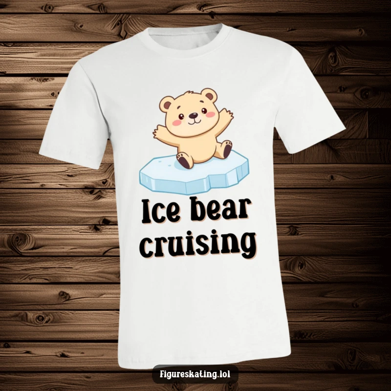 Funny bear cub ice skating t-shirt showing a curious cub sliding on ice with arms outstretched, capturing humorous winter action.