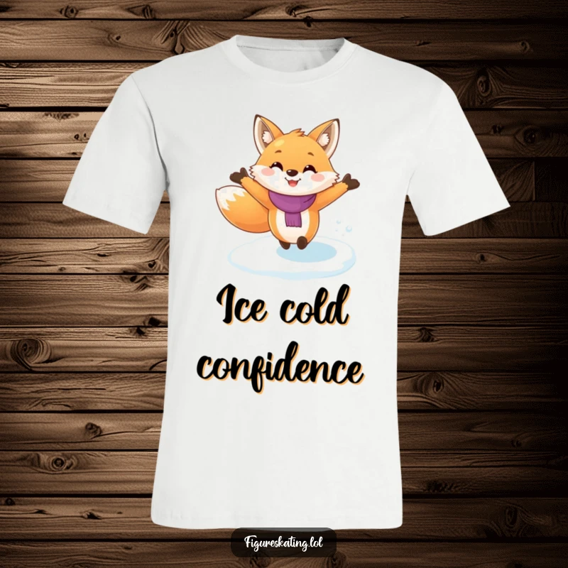 Funny fox ice skating t-shirt, arms outstretched in mid-glide, conveying pure exhilaration and a touch of hilarious clumsiness on the ice.