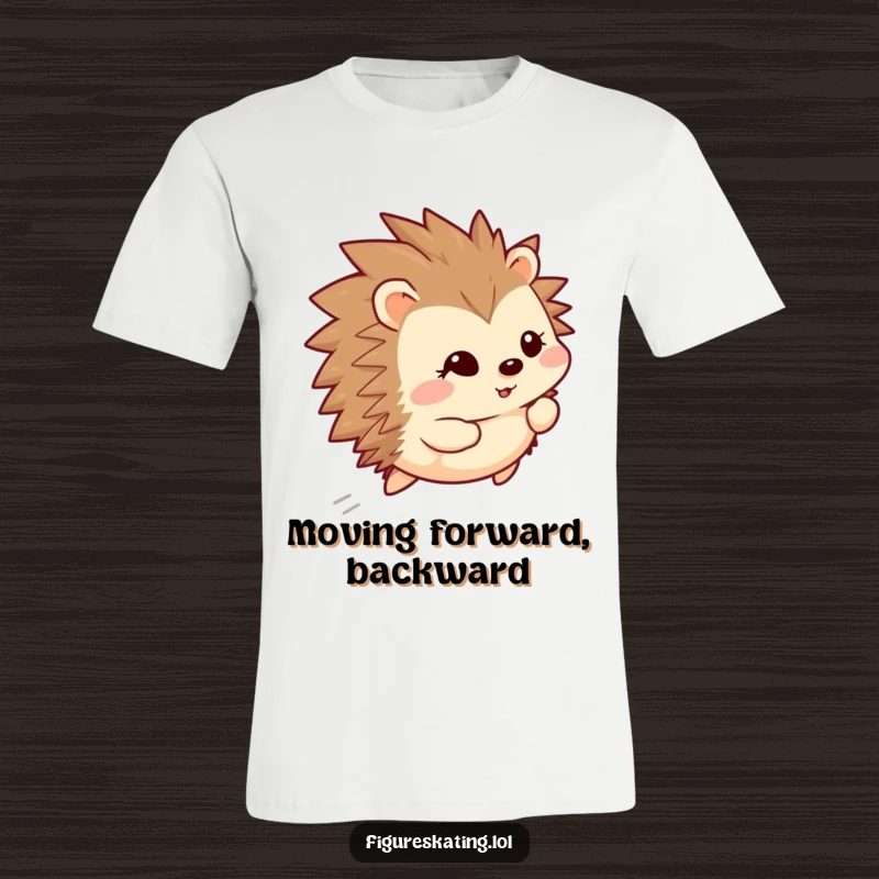 Funny happy hedgehog gliding backward with a shy smile, printed on a t-shirt, embodying sweet, subtle happiness.