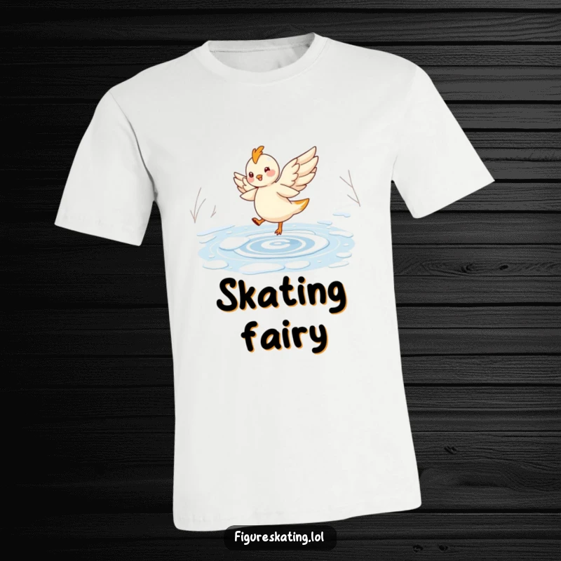 Funny t-shirt depicting a cheerful, winged creature elegantly twirling on a frozen pond, radiating whimsical joy.