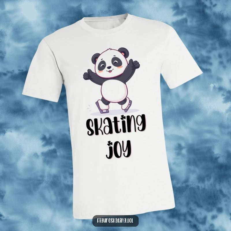 Funny t-shirt print of a panda shuffling joyfully on small ice skates, capturing pure delight and movement.