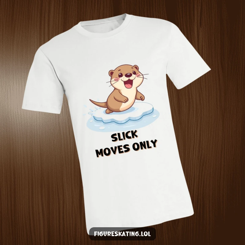 Funny t-shirt graphic of an excited otter smoothly sliding across ice with a dynamic flourish and happy face.