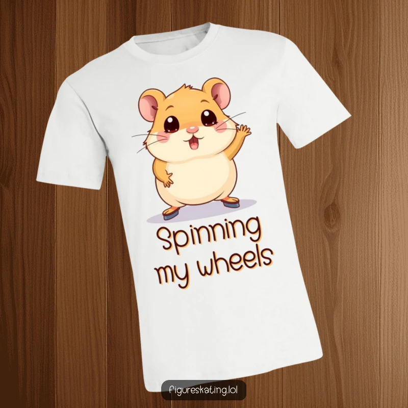 Funny hamster t-shirt showing a plump hamster with wide eyes attempting a figure skating pose, embodying effort and humor.