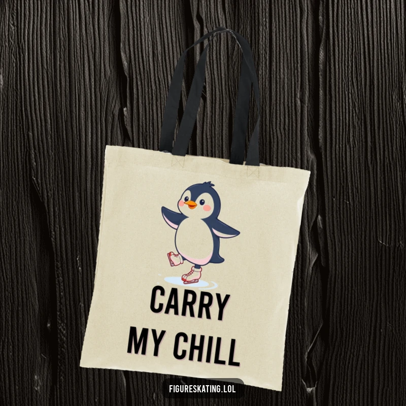 Funny penguin ice skating tote bag featuring a jubilant penguin gliding effortlessly on skates, embodying pure skating delight.