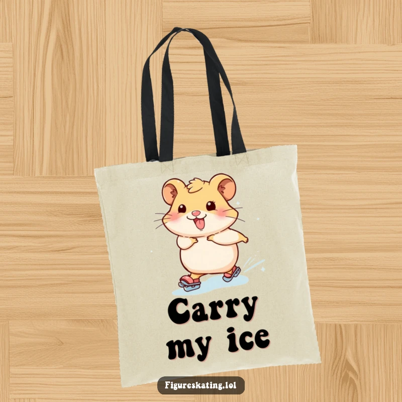 Funny hamster tote bag showcasing a happy, skating hamster leaving a dynamic trail of icy sparkles, perfect for stylish and humorous everyday use.