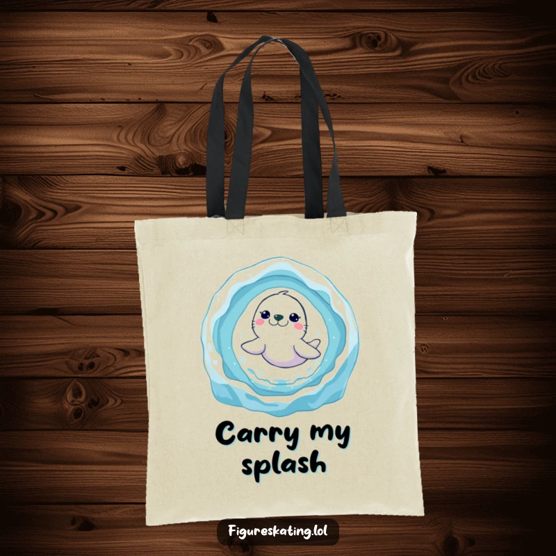 Funny seal ice ring tote bag featuring a gleeful seal leaping expertly through a frosty ice hoop, embodying aquatic acrobatics.