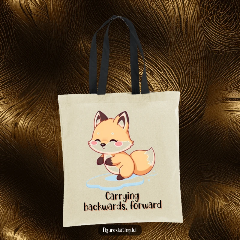 Funny Fox Glide Tote Bag, featuring a fluffy fox happily gliding backwards on ice, ideal for carrying items with winter humor.