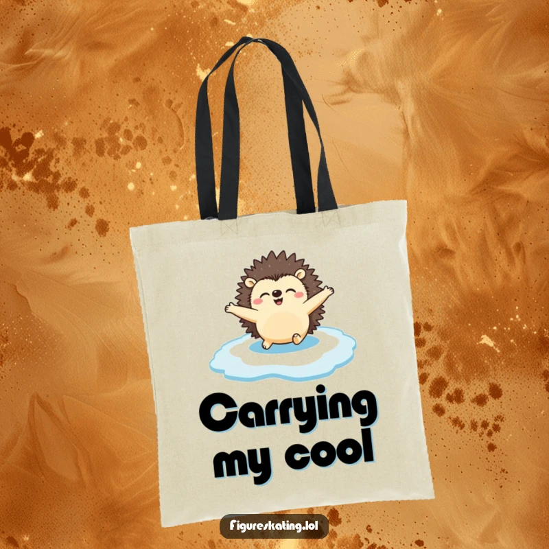 Funny Tote Bag: A happy hedgehog gliding across the ice with arms spread, showcasing winter fun for shoppers.
