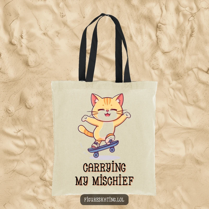 Funny cat ice skating tote bag featuring a focused cat spinning on one skate, embodying feline agility and playful chaos.