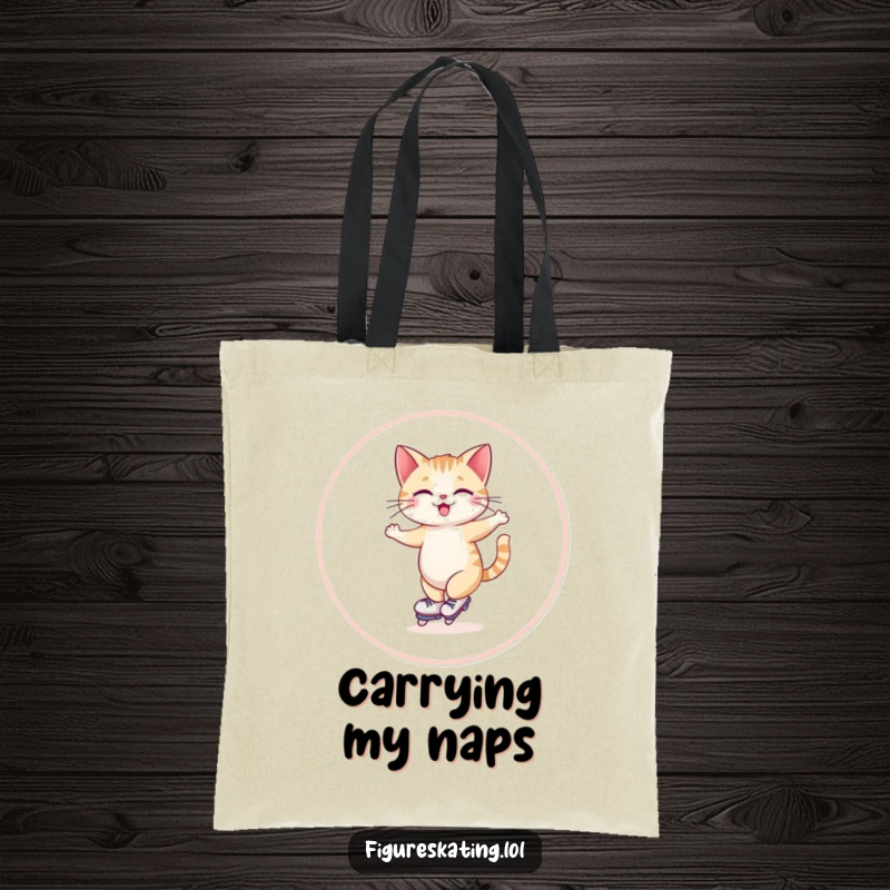 Funny tote bag illustration of a giggling cat skating in a wide circle with a happy, graceful demeanor.