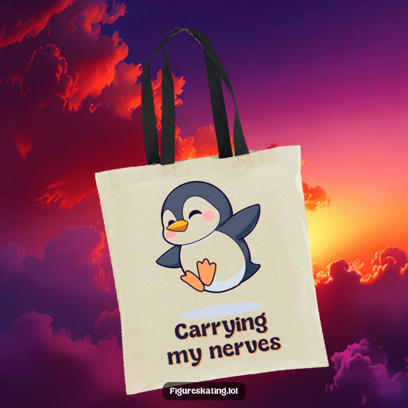 Funny tote bag illustration of a shy penguin attempting a wobbly jump with a hopeful grin, looking determined.