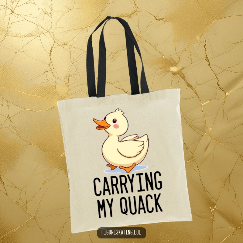 Funny tote bag with a delighted duck gliding forward with a happy quack, radiating pure joy and charm.