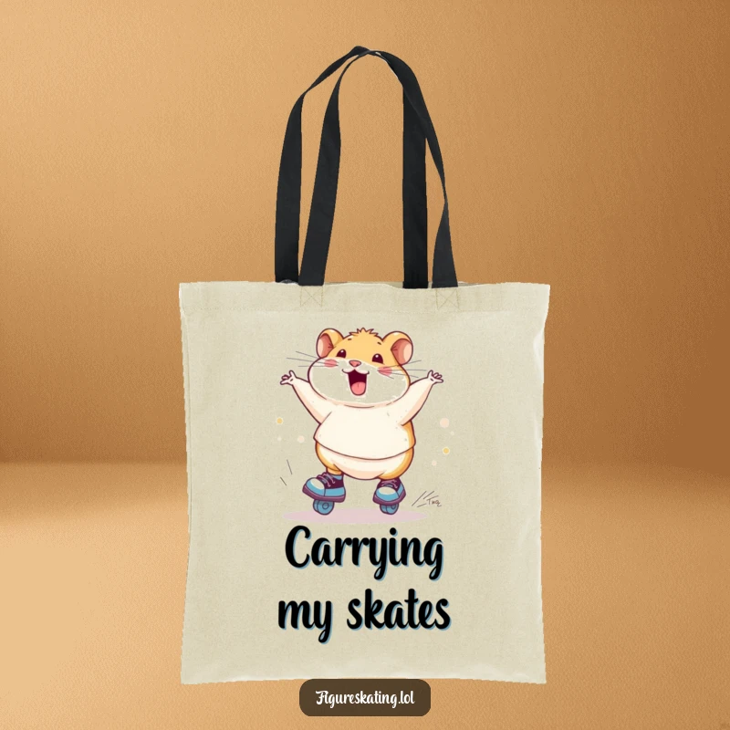 Funny chubby hamster ice skating tote bag, showing a hamster joyfully spinning on skates, perfect for carrying your essentials with a smile.