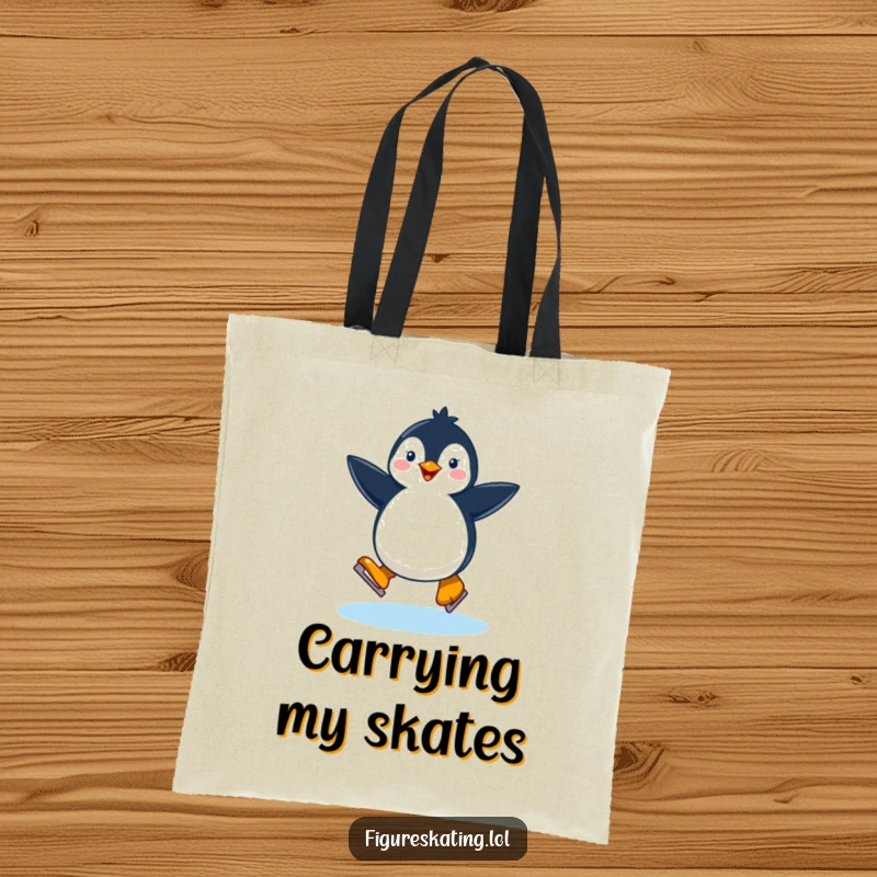 Funny happy penguin twirling on a single ice skate on a tote bag, a charming accessory for winter outings.