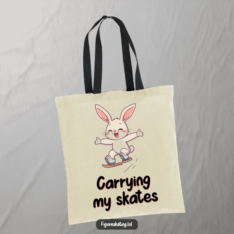 Funny tote bag with a determined, smiling bunny gracefully jumping on ice skates, a stylish and humorous accessory.