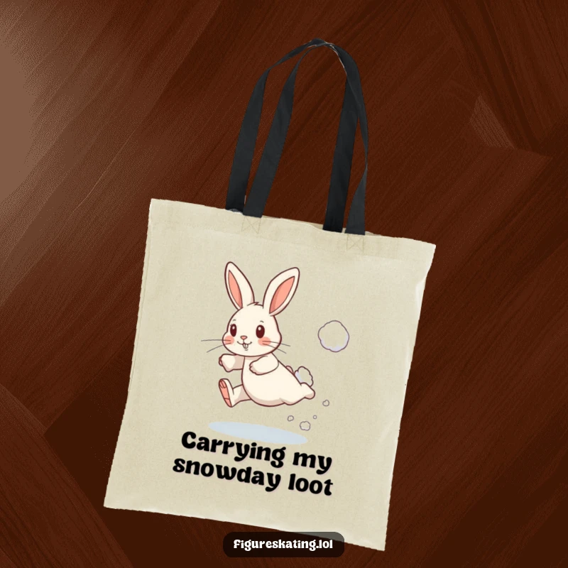 Funny tote bag featuring a determined rabbit leaping with a puff of snow, perfect for carrying winter essentials with flair.