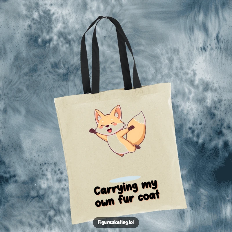 Funny Arctic Fox Tote Bag: Giggling arctic fox performing a dynamic figure skating jump, showcasing energetic movement and a happy expression.