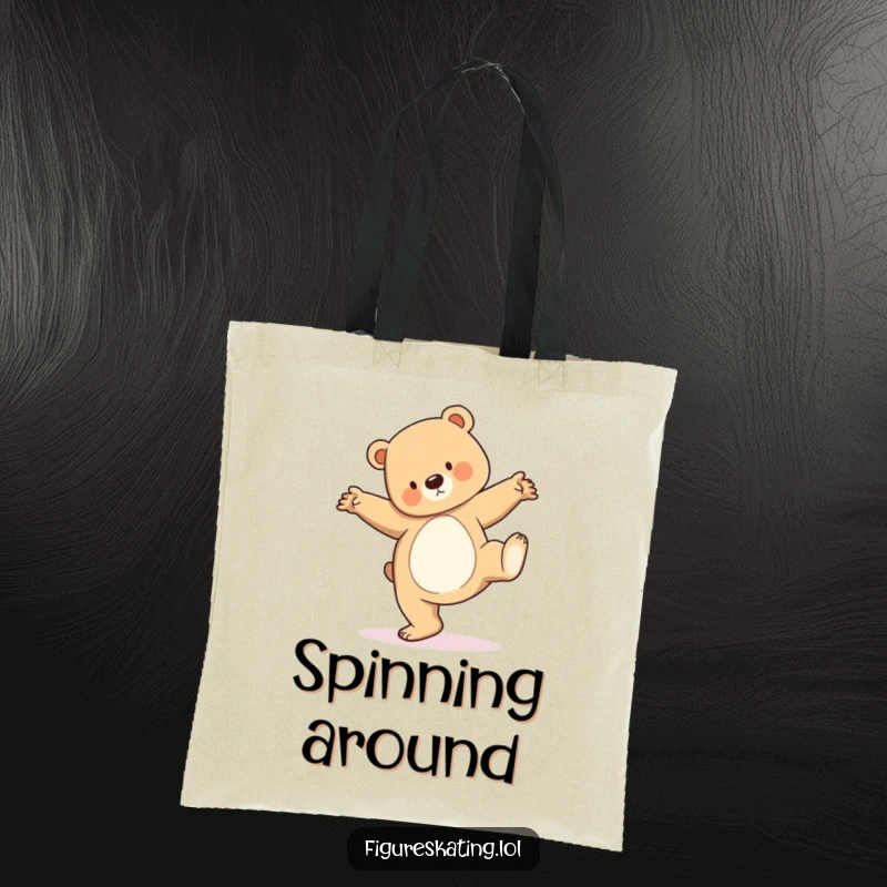 Funny tote bag illustration of a bear cub performing an elegant pirouette, perfect for carrying essentials with balletic humor.
