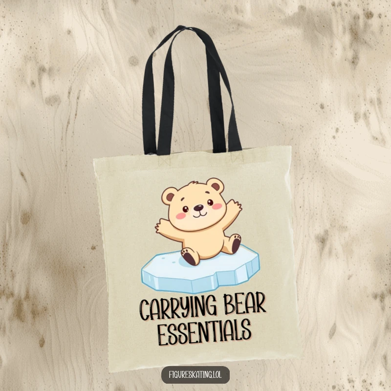 Funny bear cub ice skating tote bag with a curious cub sliding on ice with arms outstretched, perfect for humorous everyday use.