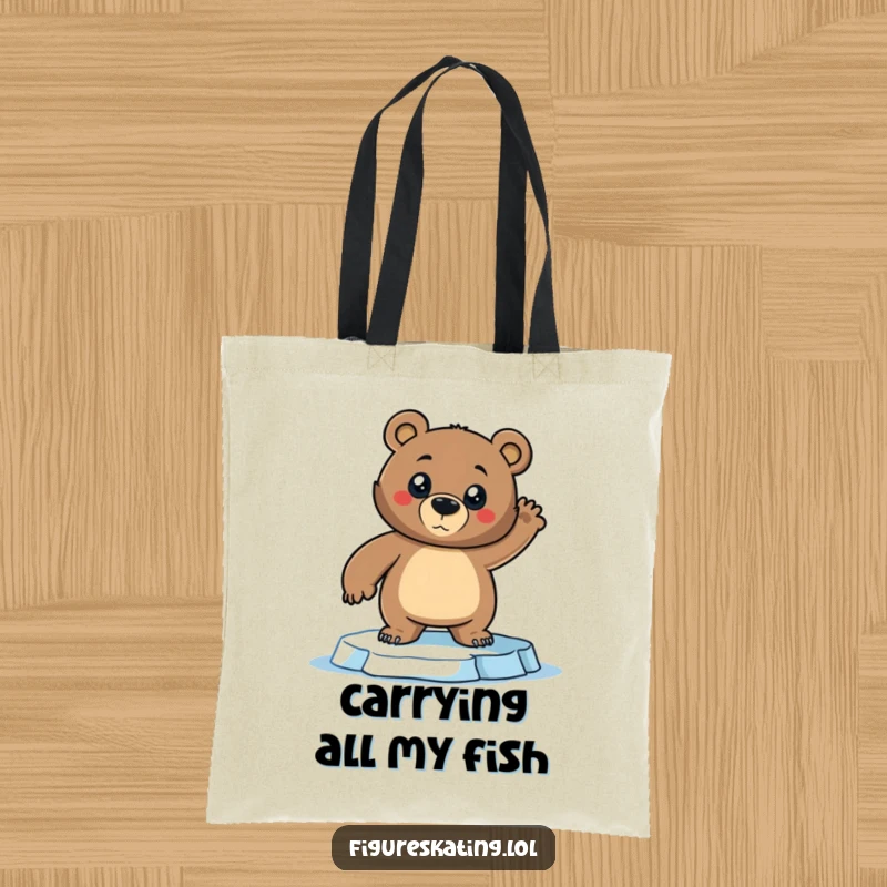 Funny Bear Tote Bag: A confident bear strikes a dramatic pose on ice skates, ideal for carrying humor and making a unique funny gift.