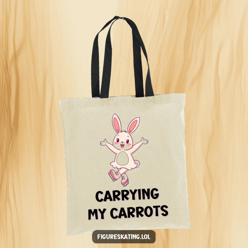 Funny tote bag with a cheerful bunny gracefully twirling on ice skates with elegant, extended arms.