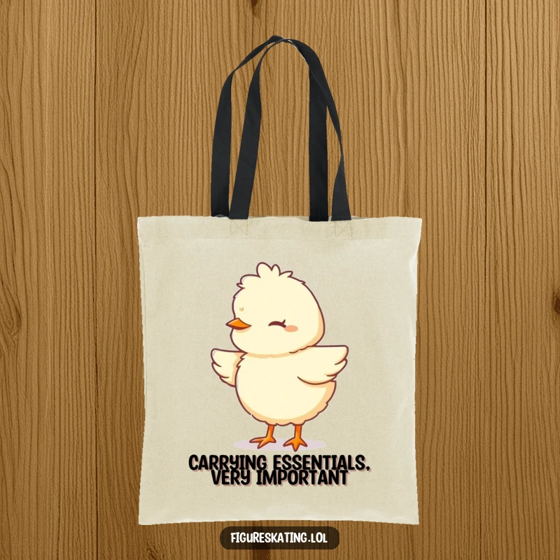 Funny Chick Tote Bag showcasing a fluffy cartoon chick pirouetting with eyes closed in concentration, perfect for carrying essentials.