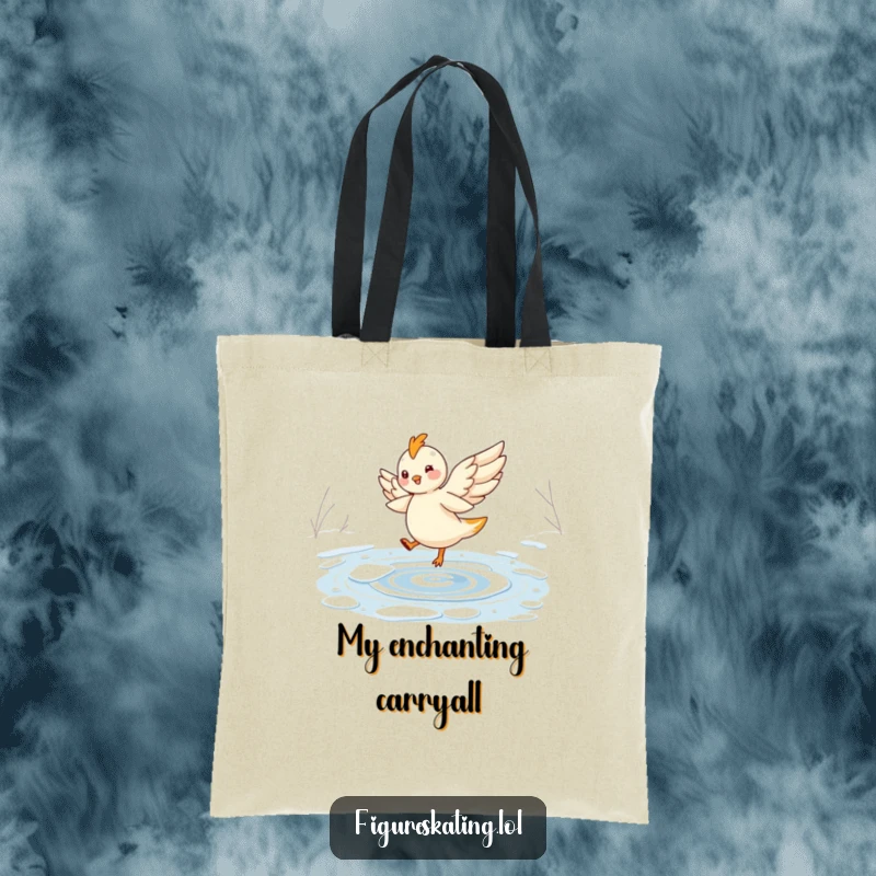 Funny tote bag with a cheerful, winged creature elegantly twirling on a frozen pond, a charming and practical accessory.