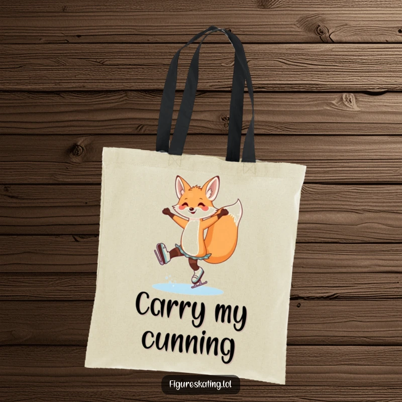 Funny fox ice skating tote bag featuring a cheerful fox executing a perfect arabesque, showcasing elegance on the ice.