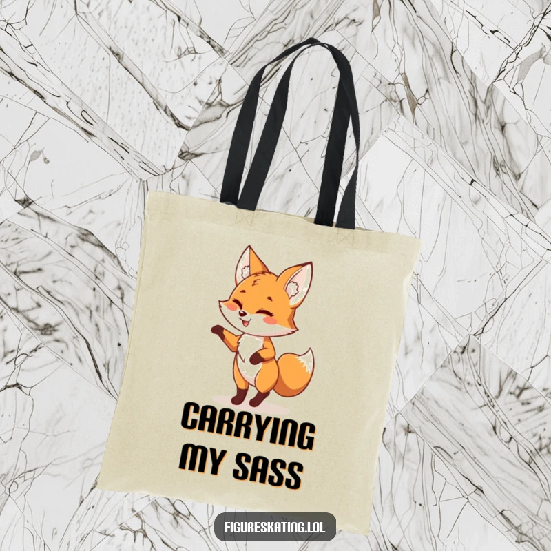 Funny fox tote bag showing a playful fox pirouetting with a wink, a stylish and humorous accessory for carrying daily essentials.
