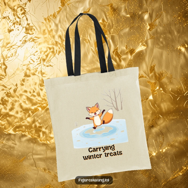 Funny tote bag, grinning fox performing a graceful spin on a frozen pond, a chic accessory for winter lovers.