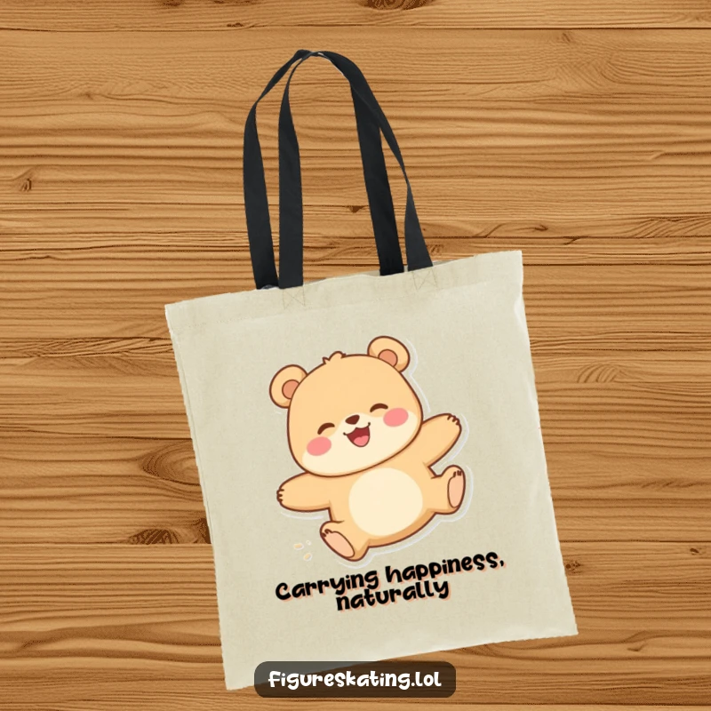 Funny tote bag with a happy bear in a delighted, smooth gliding pose, perfect for carrying items with a humorous touch.