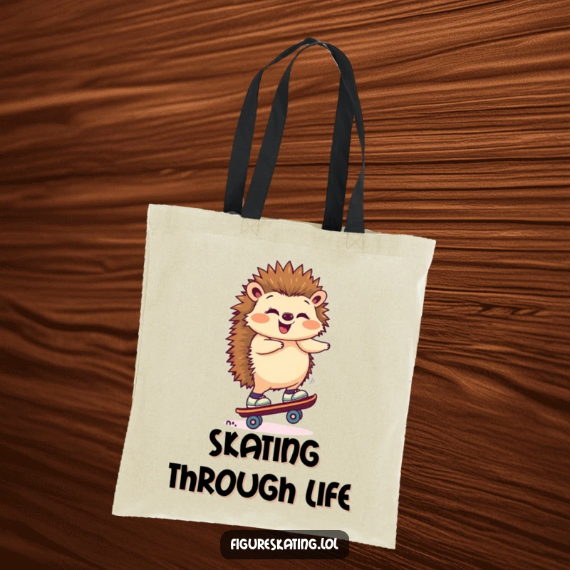 Funny tote bag showcasing a giggling hedgehog skillfully balancing on one roller skate, embodying playful confidence.