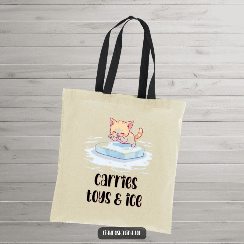 Funny kitten ice skating tote bag, showing a cute cat striking a playful pose on ice skates, perfect for carrying your daily must-haves.