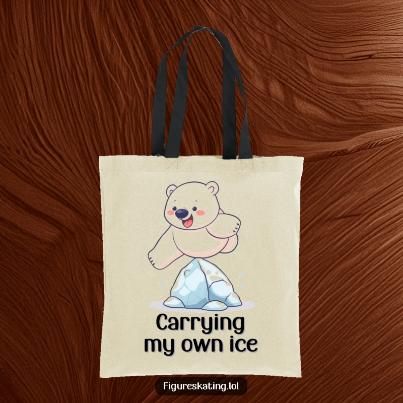 Funny polar bear tote bag showcasing a determined bear humorously leaping over a miniature ice sculpture, perfect for everyday use.