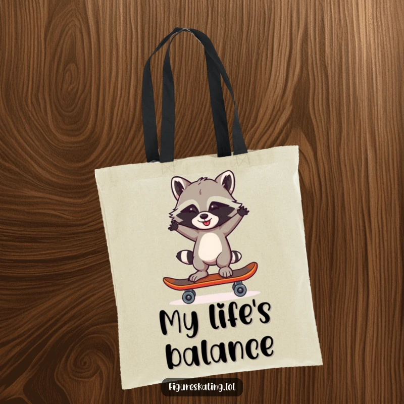 Funny Raccoon One Skate Tote Bag: A mischievous raccoon balancing expertly on one skate, arms akimbo, ready for anything.