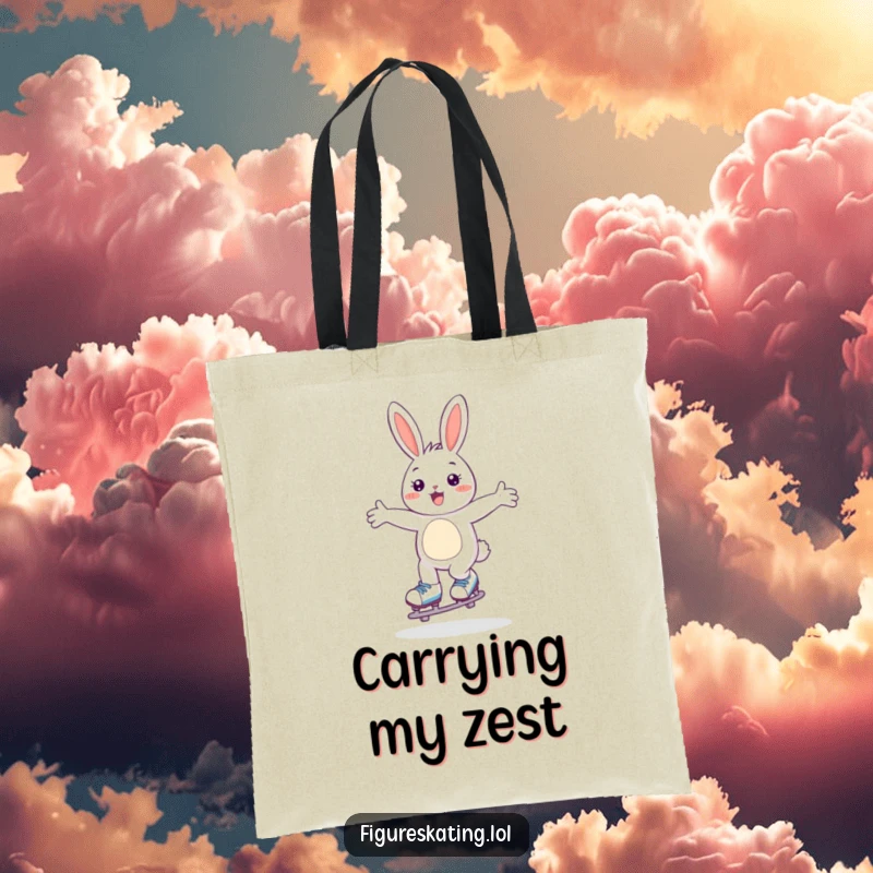 Funny tote bag showing a happy bunny gliding on skates with arms wide open, ready for adventures.