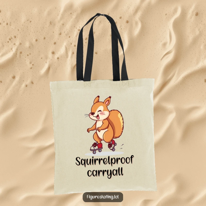 Funny tote bag depicting a silly squirrel nearly falling while twirling on ice skates. A humorous accessory.