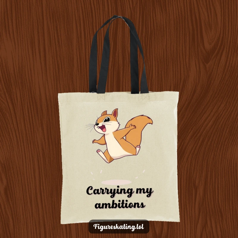Funny squirrel tote bag featuring a determined squirrel leaping high, showcasing its energetic and ambitious nature, a practical and humorous accessory.